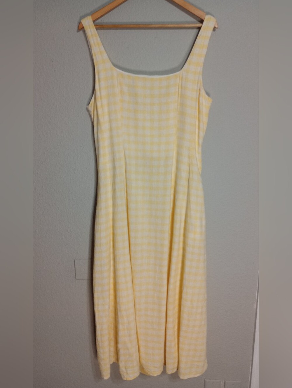 laura Ashley yellow gingham midi dress linen blend Cottagecore Prairie Peasant